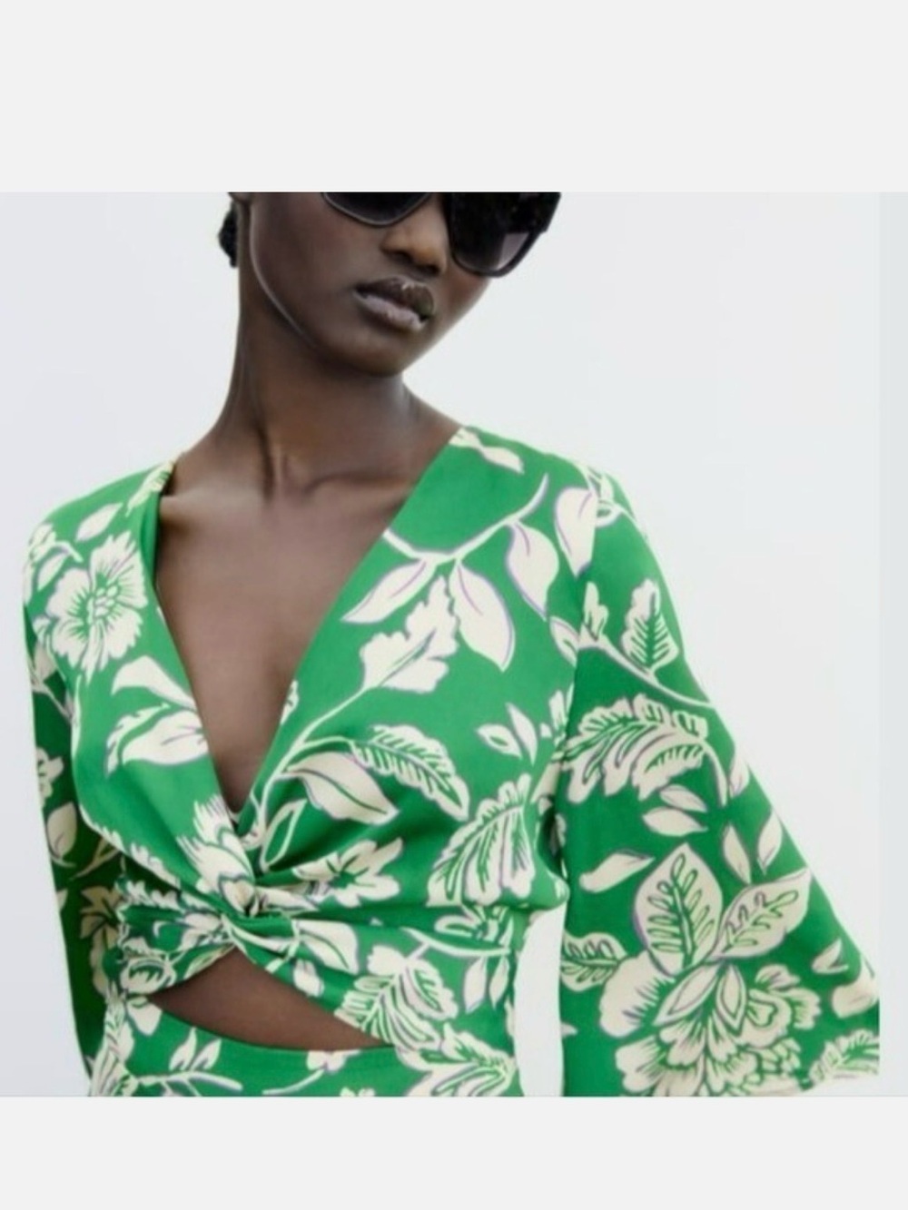 Zara Green & White Floral Twist-Front Crop Top jumpsuit